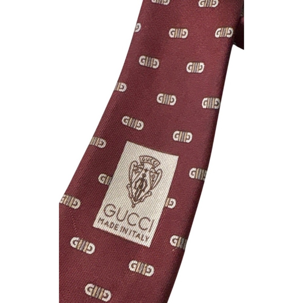 VTG‎ Gucci Burgundy Logo Silk Tie Made in Italy All-Over G Pattern Necktie - Picture 4 of 6